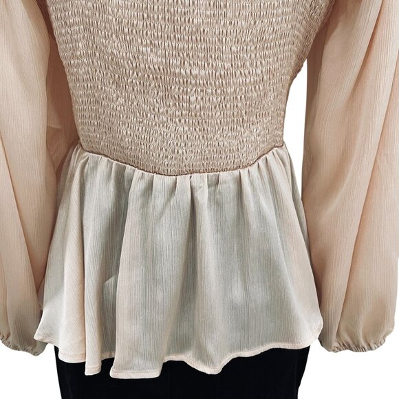 Entro Blush Smocked Peplum Top Long Sleeve Ruffle Sheer Sleeve Cottagecore - Picture 11 of 11